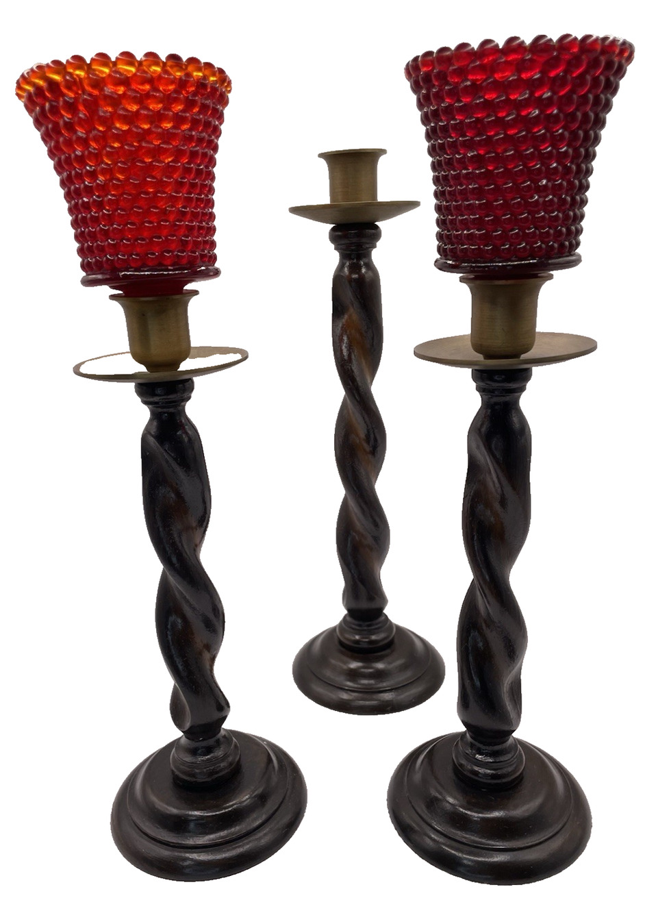 Twisted Two Toned Wood And Brass Candle Stick Holders Set Of 3